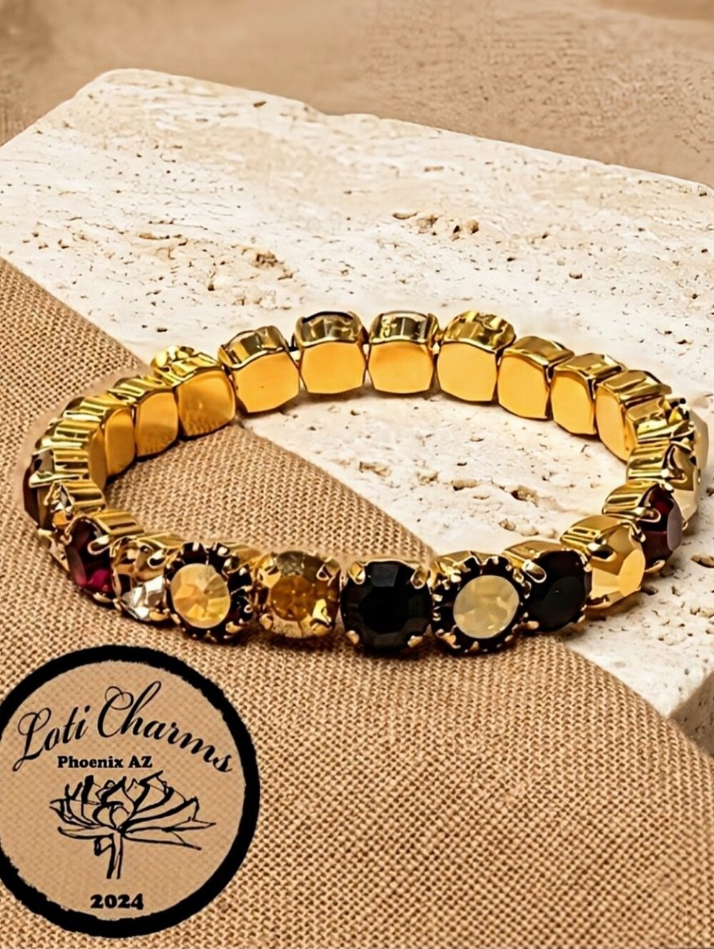 Deep Red, Peach & Peach Flower Swarovski Crystals In Stretch Bracelet
